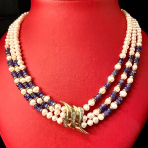 Collana in oro giallo con perle, diamanti e lapis